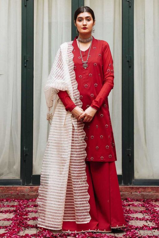 Pakistani Red Palazzo Suit with cream dupatta
